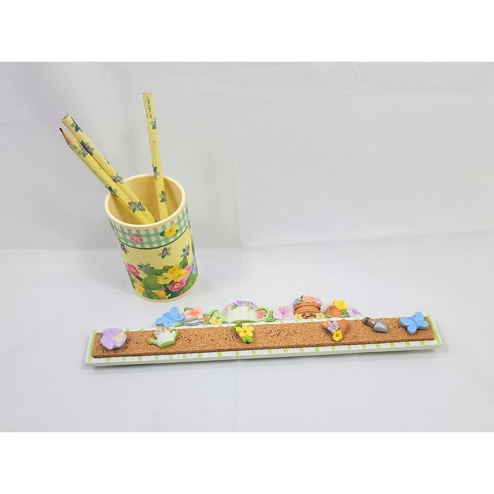 Cottagecore Desk Set Office Organizer Yellow Floral Garden Cork Strip Pencils